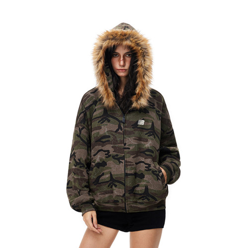 FDR官方店R字毛领迷彩卫衣外套