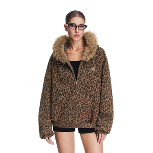 FDR官方店 上衣 辣妹豹纹毛领连帽卫衣外套男女秋冬保暖情侣开衫