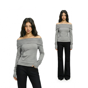 新款 t恤女2026年春季 露肩上衣 辣妹一字肩肌理针织长袖 FDR官方店