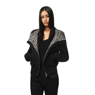 开衫 FDR官方店 短款 辣妹修身 上衣 豹纹拼接斜拉连帽卫衣外套女春季