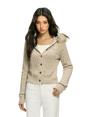 FDR官方店 可拆卸毛领麻花针织衫女春季连帽短款毛衣纽扣开衫上衣