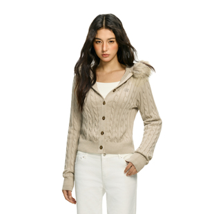 FDR官方店 可拆卸毛领麻花针织衫女春季连帽短款毛衣纽扣开衫上衣