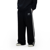 国潮美式 月牙印花条纹休闲裤 男女情侣宽松抽绳裤 FDR 直筒长裤 子