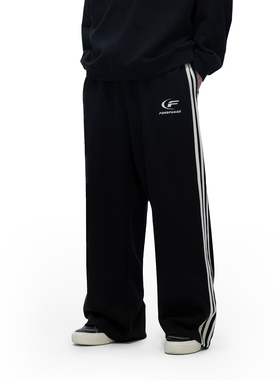 FDR 国潮美式月牙印花条纹休闲裤男女情侣宽松抽绳裤直筒长裤子