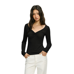 低胸V领扭结长袖 打底衫 T恤女春季 内搭上衣辣妹修身 新款 FDR官方店