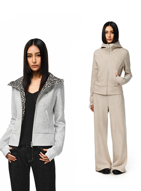 FDR官方店 豹纹拼接连帽拉链卫衣女2026春季辣妹修身撞色开衫外套