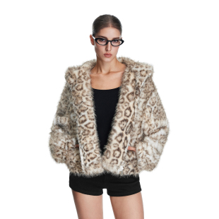 FDR官方店 加厚上衣 辣妹猫耳豹纹毛毛外套女秋冬慵懒休闲拉链开衫