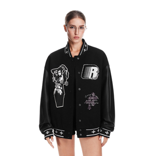 FDR官方店 情侣宽松夹克男 哥特贴布人像拼皮棒球服外套女25年秋季