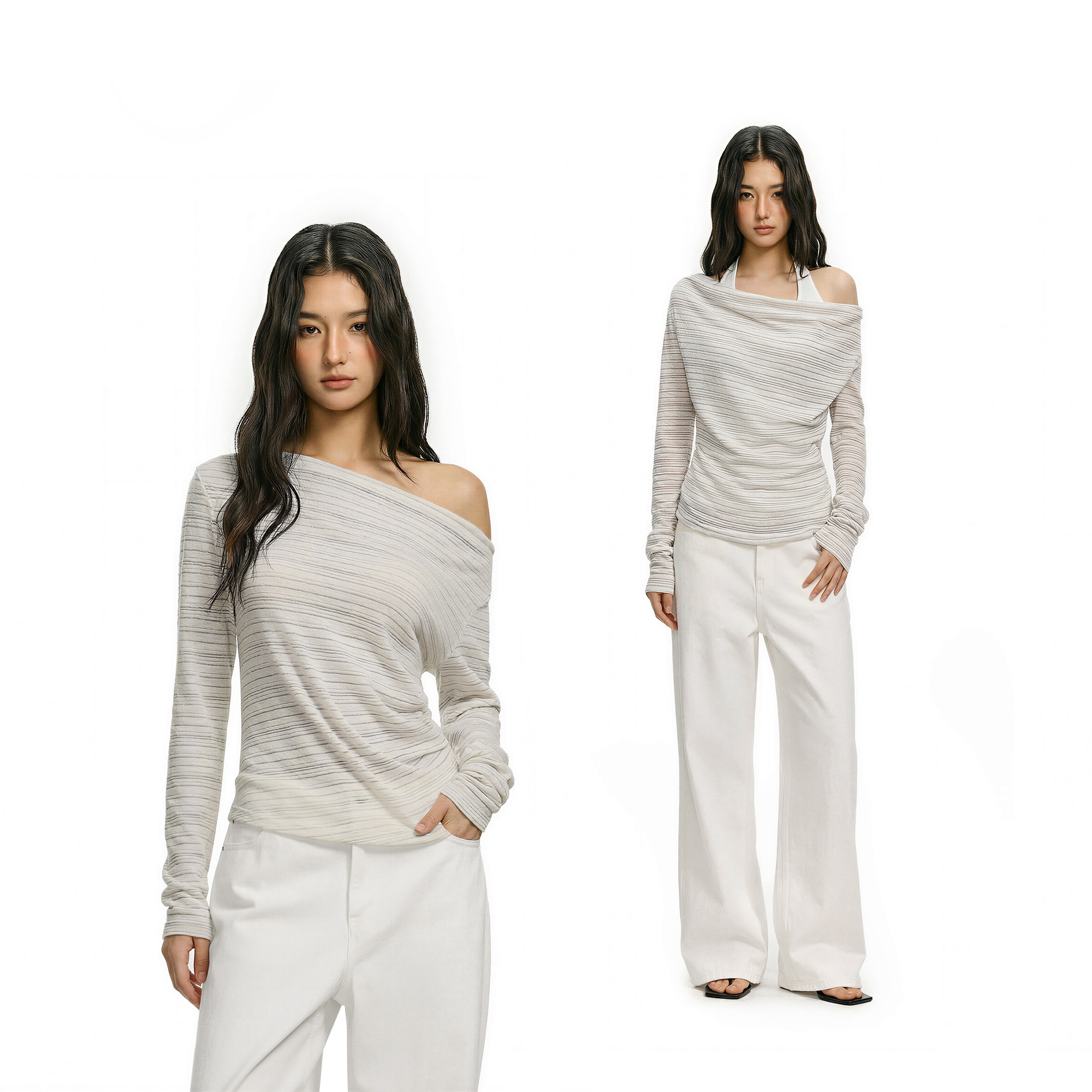 FDR 条纹罩衫修身露肩长袖t恤女2026新款巨好看的斜肩上衣高级感