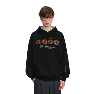 上衣帽衫 潮牌宽松情侣装 豹纹贴布绣连帽卫衣男女春季 FDR官方店