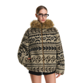 FDR官方店 费尔岛复古连帽秋冬2025新款 棕色羊羔绒毛领加厚外套女