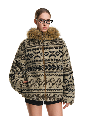 FDR官方店 费尔岛复古连帽秋冬2025新款棕色羊羔绒毛领加厚外套女