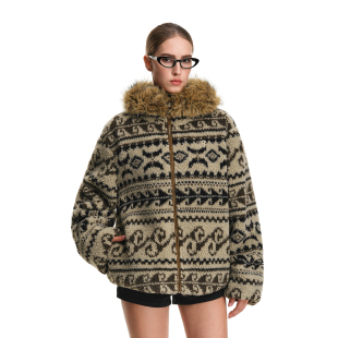 FDR官方店 棕色羊羔绒毛领加厚外套女 费尔岛复古连帽秋冬2025新款