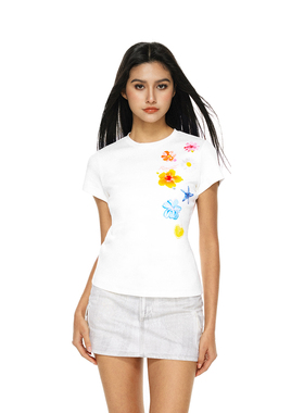 FDR官方店 花朵侧边印花短袖t恤男女夏季潮牌情侣装辣妹修身上衣