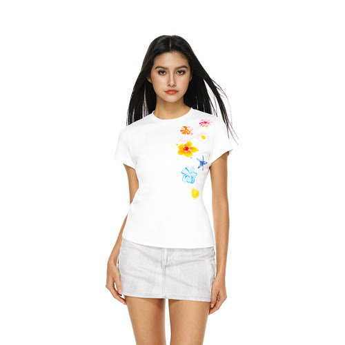 FDR官方店辣妹花朵侧边印花短袖