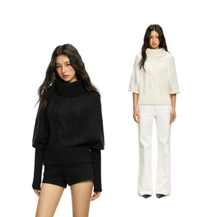 设计感高领半袖 斗篷针织上衣女26年春季 毛衣 绞花蝙蝠袖 FDR官方店