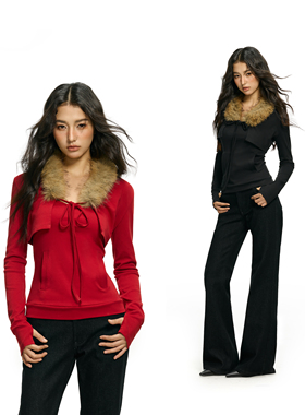 FDR官方店 红色长袖t恤女修身上衣今年新款可拆卸毛领吊带两件套