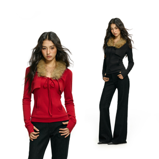 上衣今年新款 t恤女修身 可拆卸毛领吊带两件套 红色长袖 FDR官方店