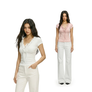 辣妹显瘦修身 t恤女2026新款 上衣 蕾丝木耳花边绑带短袖 FDR官方店