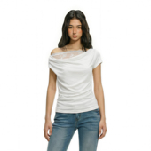 t恤女2026新款 短袖 巨好看蕾丝斜肩上衣白色高级感修身 FDR官方店