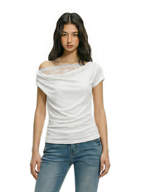 FDR官方店 巨好看蕾丝斜肩上衣白色高级感修身短袖t恤女2026新款