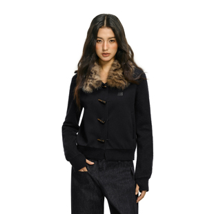 牛角扣修身 卫衣女春季 短外套 可拆卸豹纹毛领拼接针织袖 FDR官方店