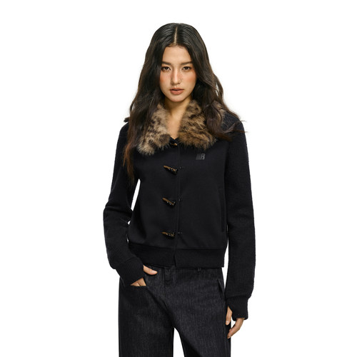 FDR官方店豹纹毛领拼针织袖卫衣