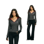 V领撞色条纹连帽修身 辣妹长袖 罩衫 2026年春季 上衣 女款 FDR官方店