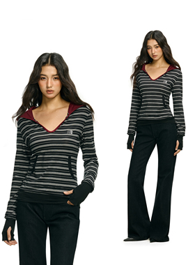 FDR官方店 V领撞色条纹连帽修身罩衫女款2026年春季辣妹长袖上衣