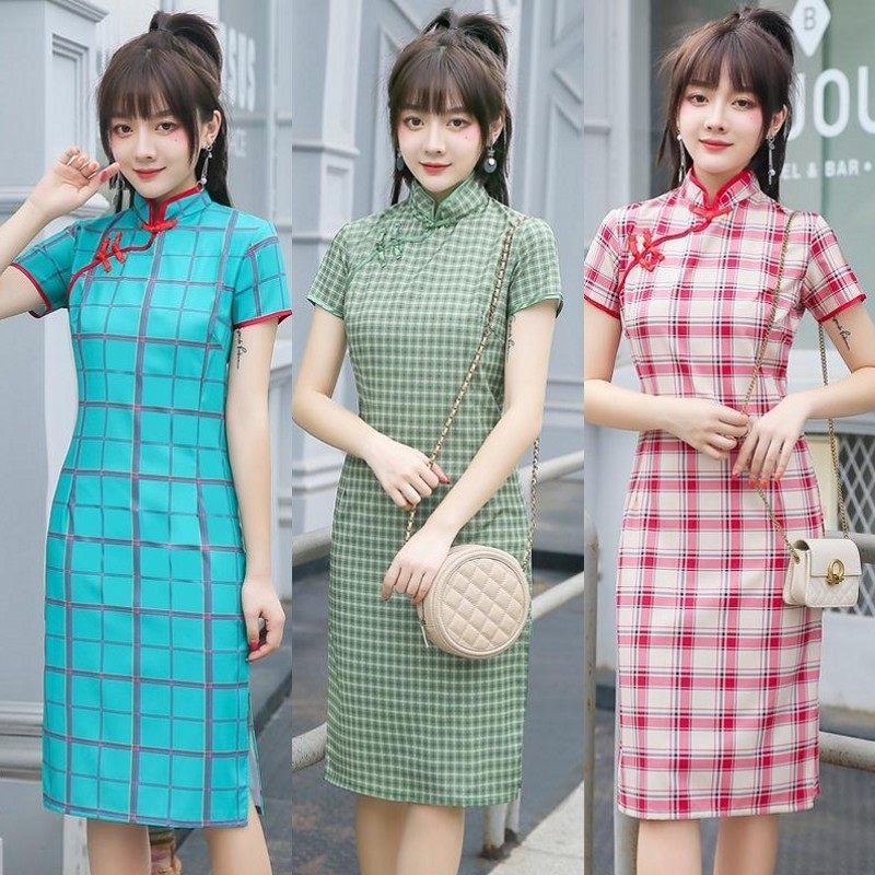 小个子旗袍女夏2021新款改良年轻款气质短款少女格子日常可穿夏季
