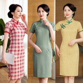 格子旗袍2025年新款 连衣裙中长款 小个子年轻款 少女中国风改良版