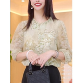 女2026夏季 衬衫 新款 木耳边洋气圆领妈妈装 上衣 时尚 薄款 碎花七分袖