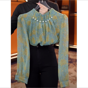 高级感轻奢钉珠衬衫 宽松显瘦洋气减龄绿色碎花上衣 女春秋2026新款