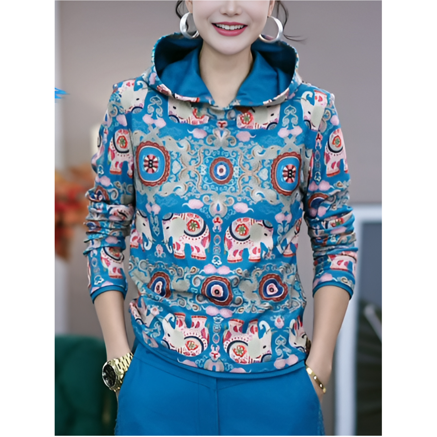 欧货双面德绒印花连帽时尚卫衣女秋冬洋气减龄保暖内搭显瘦打底衫