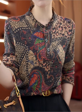 花边领德绒印花长袖T恤女W秋冬妈妈装洋气时尚显瘦内搭打底衫上衣