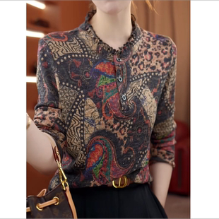 显瘦内搭打底衫 洋气时尚 上衣 T恤女W秋冬妈妈装 花边领德绒印花长袖