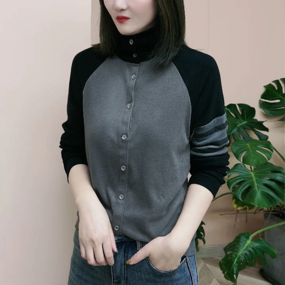 双面澳绒半开纽扣撞色拼接打底衫女秋冬新款显瘦时尚百搭套头上衣