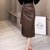 高腰显瘦飘带侧开叉a字包臀裙 新款 设计感法式 皮裙半身裙2026秋季