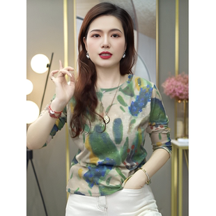 新款 打底衫 时尚 显瘦T恤复古设计感晕染圆领长袖 百搭修身 2026秋季