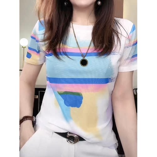【送运费险】撞色印花网纱t恤女