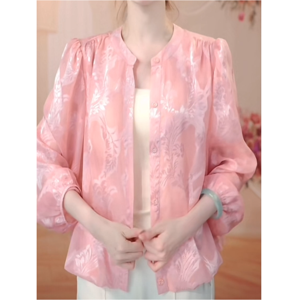 洋气粉色单排扣开衫女2025春夏季新款时尚防晒衫外套薄款印花上衣