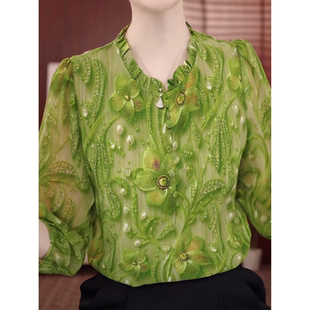 气质花边领绿色七分袖 女上衣春夏气质显瘦小衫 宽松印花妈妈装 衬衫