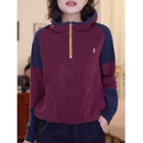 刺绣保暖百搭帽衫 双面奥粒绒半拉链拼色连帽卫衣女秋冬新款 时尚