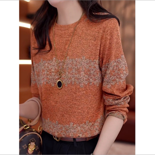 欧货磨毛复古印花长袖T恤女N秋冬新款时尚圆领气质内搭打底衫上衣