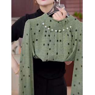 春秋高级感绿色格子印花衬衫女气质钉珠设计立领减龄百搭长袖小衫