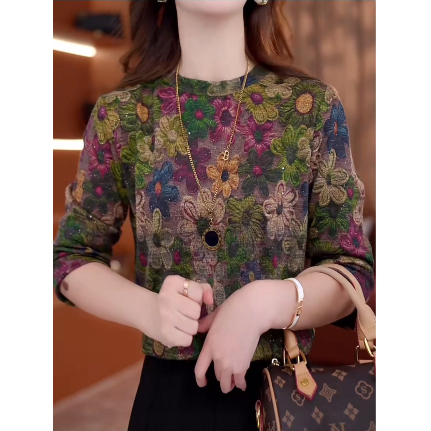 时尚德绒花色套头上衣女长袖春秋冬新款妈妈减龄内搭打底小衫上衣