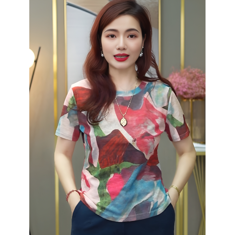 时尚复古扎染印花圆领短袖T恤女夏季新款薄款透气修身显瘦上衣潮