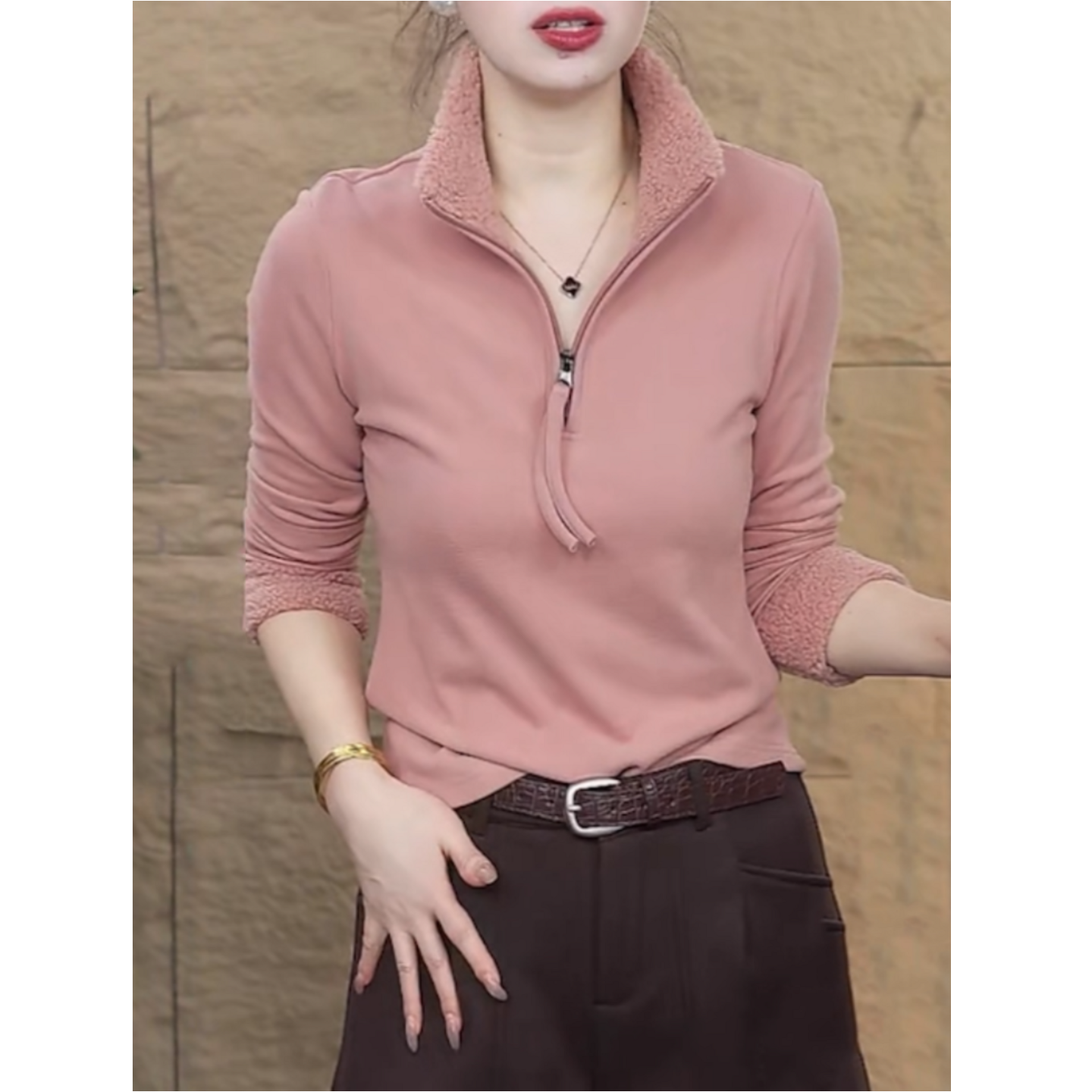 双面绒立领半拉链拼接长袖打底衫女秋冬新款时尚粉色百搭显瘦上衣