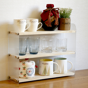 桌面透明多层马克咖啡水杯置物架防尘收纳展示架实木亚克力餐边柜