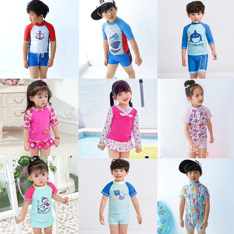 儿童泳衣中大童可男女孩卡通鲨鱼鲸鱼碎花带帽分体冲浪服套装组合